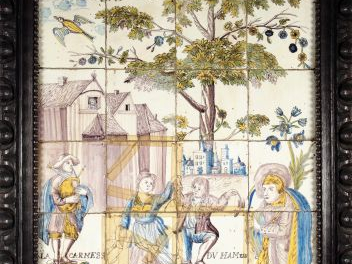 Tableau en carreaux de faïence figurant une danse villageoise (24 carr