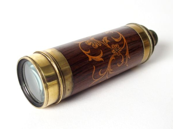 Petite longue vue Napoléon III en bronze et palissandre marquetée à dé