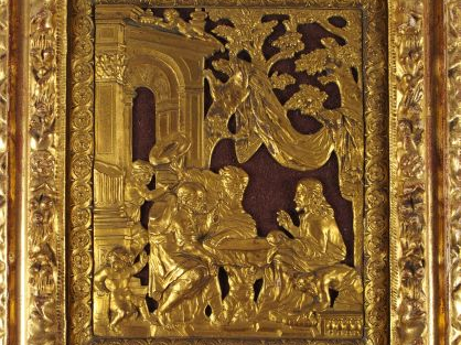 Porte de tabernacle XVIIIe en bronze ciselé, à décor du Christ bénissa