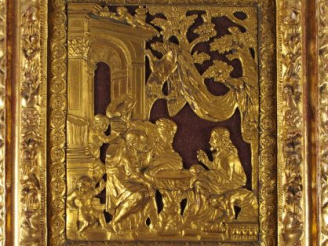 Vente aux enchères Porte de tabernacle XVIIIe en bronze ciselé, à décor du Christ bénissa