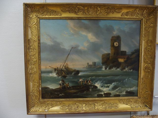 Tableau horloge XIXème 'marine'. Dans un cadre en bois doré accidenté.