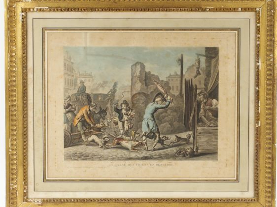 VERNET. Gravure en couleurs 'La chasse des chiens en désordre', cadre 