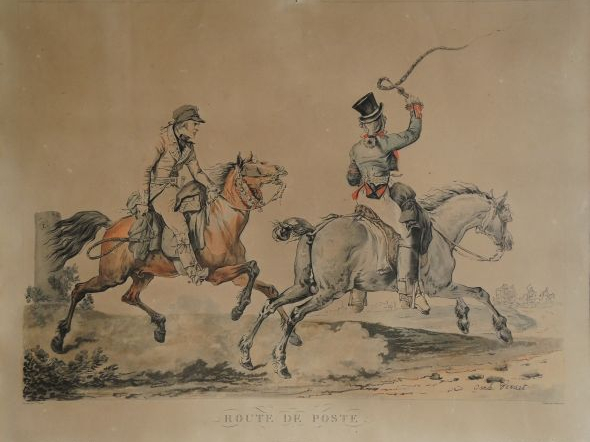 Carle VERNET. Suite de trois gravures en couleur 'Route de poste', 'Ro