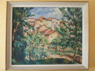 Vente aux enchères L.P. CADENE. 'Vue de Caylus'. Huile sur toile signée en  bas à droite 