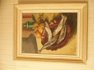 Vente aux enchères L.P. CADENE. ' Nature morte au poissons'. Huile sur panneau signée en 