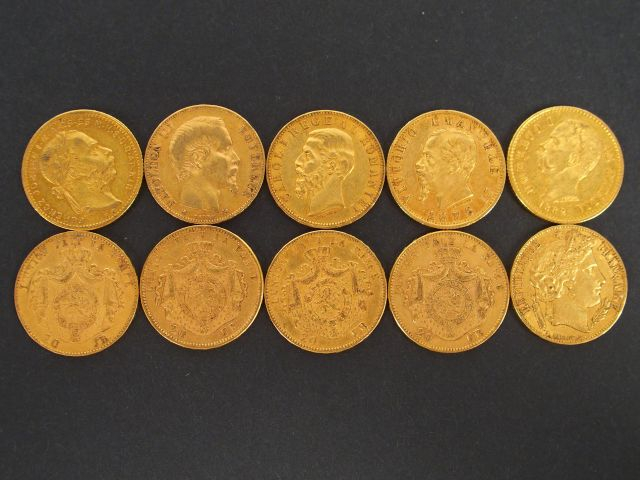 10 pièces de 20 Francs or, Napoléon III tête nue, Merley, Umberto I, V