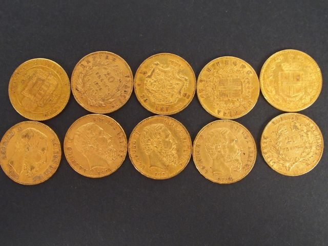 10 pièces de 20 Francs or, Napoléon III tête nue, Merley, Umberto I, V