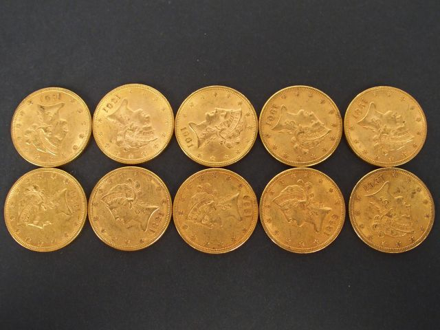 10 pièces de 10 Dollars or, Liberty Head. 1881 x 2, 1899 x 2, 1901 x 6