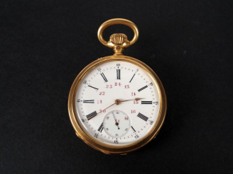 Vente aux enchères Jolie montre de gousset en or jaune, ancre ligne droite, levées visibl