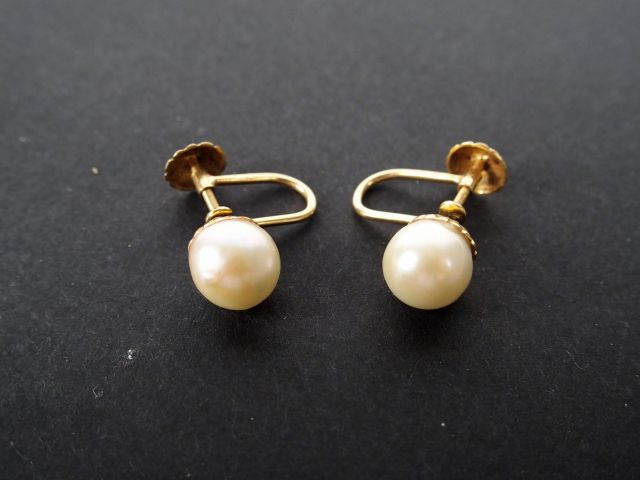Paire de boucle d'oreilles, monture or jaune, ornées de perles.