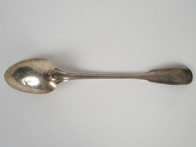 Cuillère à ragout, poinçon au coq, modèle à filet, spatule gravée d'un