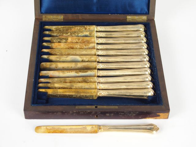 Suite de douze couteaux à fruits, lames en vermeil , manche argent fou