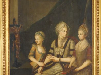 Vente aux enchères Ecole allemande XVIIIe, " Jeune mère et ses deux filles ". Huile sur t