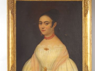 Vente aux enchères Ecole française XIX ème 'Portrait d'élégante à la robe de soie blanche