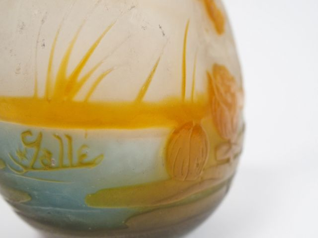 GALLE. Soliflore en verre, à décor gravé en camée à l'acide de libellu
