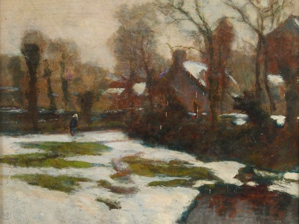 Victor CHARRETON "Fin de neige". Huile sur panneau, signée en bas à ga