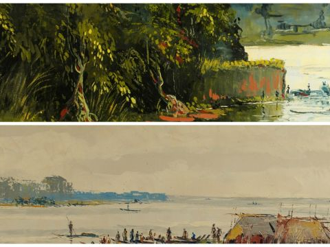 DOM "Paysages d'Afrique Noire". Paire d'huiles sur toile, signées en b