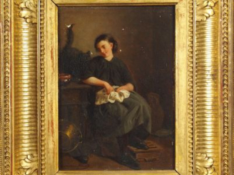 Vente aux enchères HUET 'La corvée des cuivres'. Huile sur panneau signée en bas à gauche