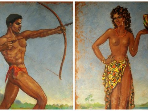 SOUNGOUROFF "Chasseur à l'arc" et "Jeune femme au perroquet". Paire d'