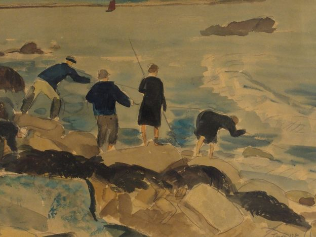 TONDU "Partie de pêche en Bretagne". Aquarelle, signée en bas à droite