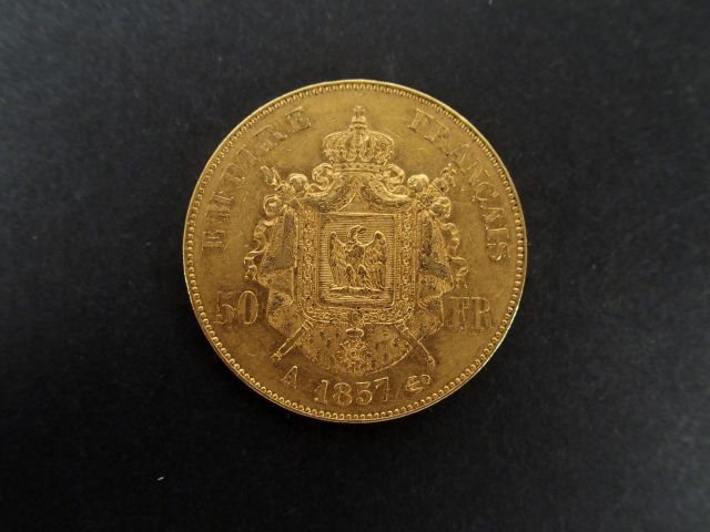 Pièce de 50 Francs or, Napoléon III tête nue, 1857-A. Poids: 16,1gr