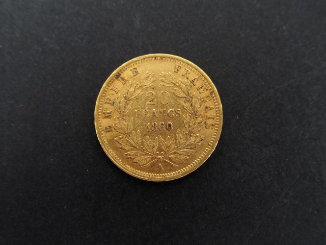 Pièce de 20 Francs or, Napoléon III tête nue, 1860-A. Poids: 6,4gr