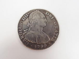 Vente aux enchères Ecu de Charles III d'Espagne1799- Mexico.  Revers corrodé. TB Poids: 2