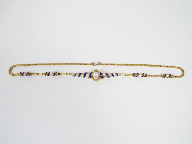 Collier Napoléon III en or jaune, perles fines et émail bleu (sauts d'