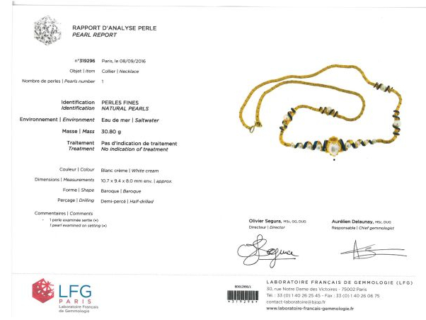 Collier Napoléon III en or jaune, perles fines et émail bleu (sauts d'