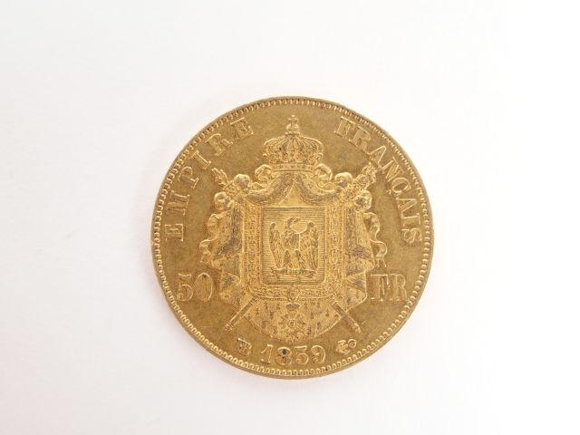 Pièce de 50 Francs or, Napoléon III tête nue, 1859-B. Poids: 16,1gr