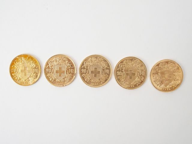 5 pièces de 20 Francs suisse or, Croix Suisse. Poids: 32,3gr