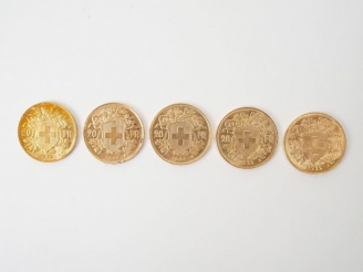 Vente aux enchères 5 pièces de 20 Francs suisse or, Croix Suisse. Poids: 32,3gr