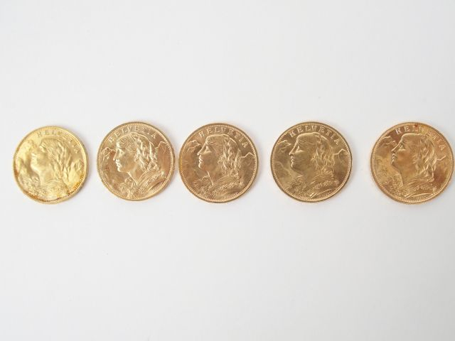 5 pièces de 20 Francs suisse or, Croix Suisse. Poids: 32,3gr