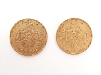 Vente aux enchères 2 pièces de 20 Francs or, Leopold II, 1874 et 1877. Poids: 12,8gr