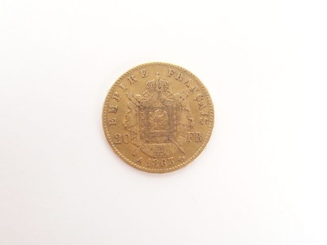 Pièce de 20 Francs or, Napoléon III tête laurée, 1863-A. Poids: 6,4gr