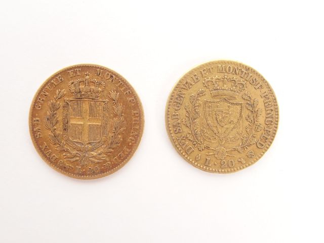 2 pièces de 20 Lires or, Car. Albertus 1834 et Car. Felix 1826. Poids: