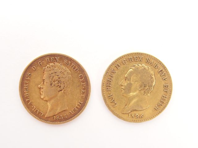 2 pièces de 20 Lires or, Car. Albertus 1834 et Car. Felix 1826. Poids: