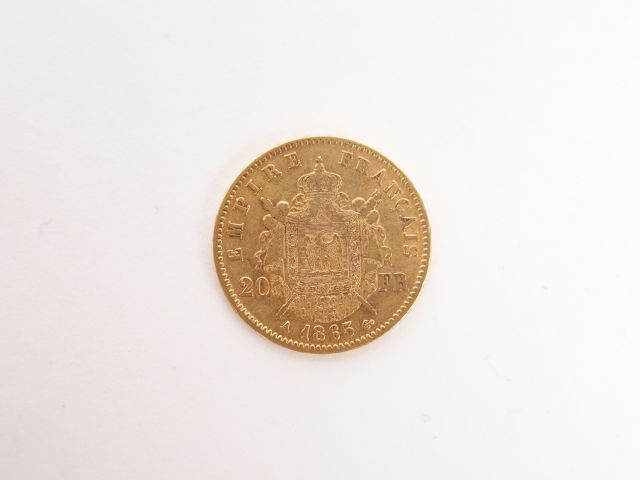 Pièce de 20 Francs or, Napoléon III tête laurée, 1865-A. Poids: 6,4gr