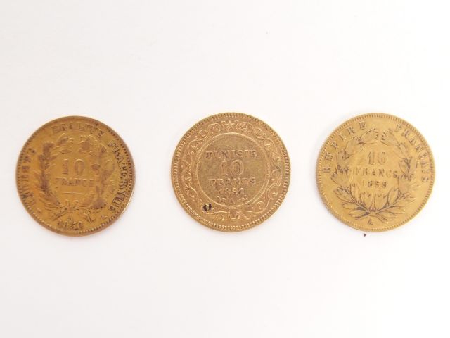3 pièces de 10 Francs or: Napoléon III tête nue 1859-A, Marianne 1850-