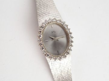 ZAL. Montre de dame en or blanc, maille semi-rigide, entourage de 26 b