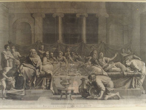 Gravure XVIIIe d'après POUSSIN, " Le banquet ". 60 x 86cm.