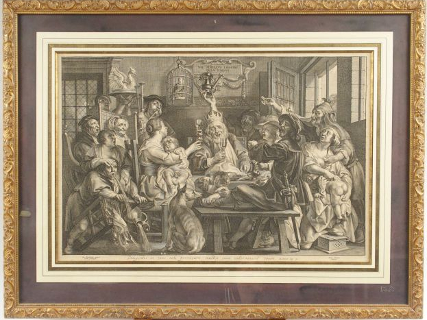 Gravure XVIIIe d'après JORDEANS, " Le banquet ".  40 x 60cm