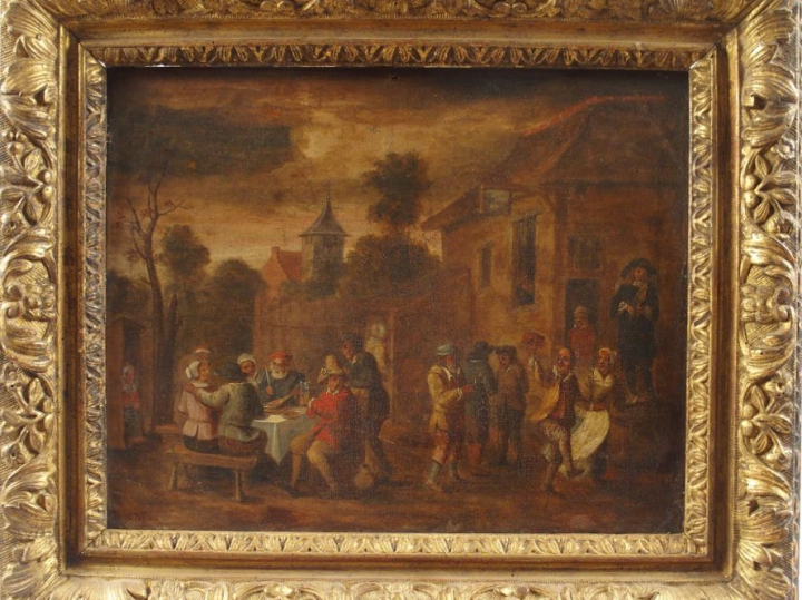 Ecole flamande XVIIIe d'après David TENIERS. "Réunion à l’auberge".  H