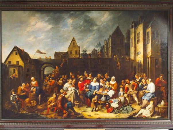 Grande copie d’après Breughel, " La fête de village ". Huile sur toile