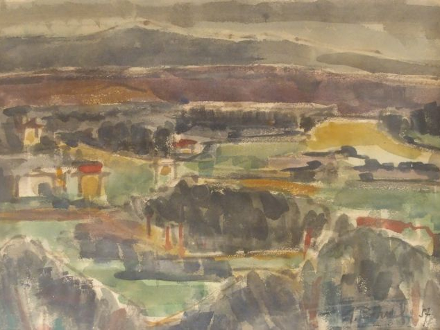 G. BONEL, " Paysage ". Aquarelle, signée en bas à droite et datée 57. 