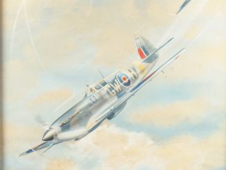 BOUCHEAU, " Le combat aérien ". Aquarelle, signée en bas à droite et d