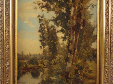 Louis Alexandre CABIE, " Paysage à la rivière ". Huile sur panneau, si