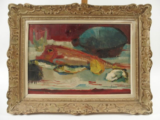 Vente aux enchères P. COLOMB, " Nature morte au poisson ". Huile sur toile, signée en bas