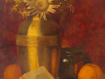 Léon DURAND, " Nature morte au livre et au bouquet de fleurs ". Huile 