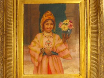 Georges FAR-SI, " Jeune orientale au bouquet de fleurs ". Huile sur pa